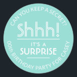Surprise Birthday Party Pastel Teal Blue and White Classic Round Sticker<br><div class="desc">Add an elegant personalized touch to surprise birthday party invitations, decorations, and favours for her with stylish custom teal and white stickers / envelope seals. All text on these labels is simple to customize for any year birthday or for another occasion, such as a wedding anniversary, retirement, or going away...</div>