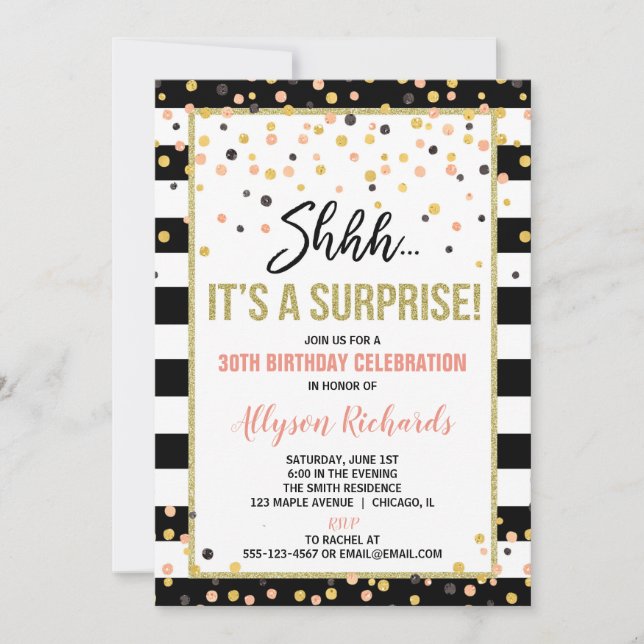 Surprise birthday party rose gold black glitter invitation (Front)