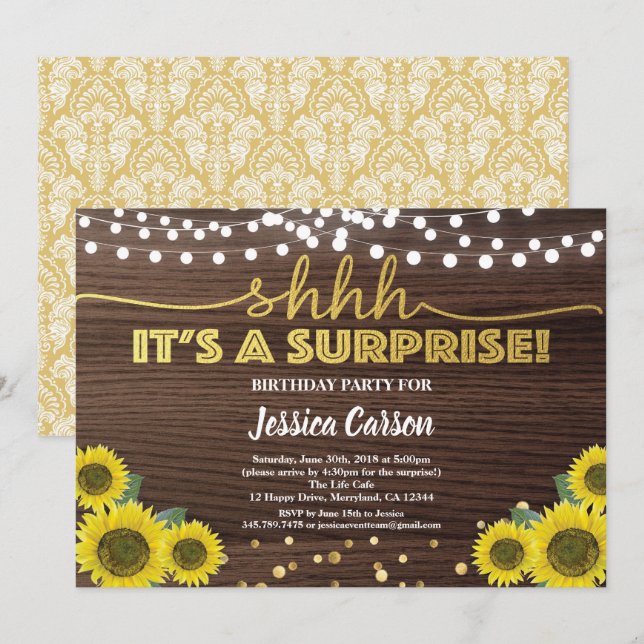 Surprise birthday party rustic wood gold sunflower invitation (Front/Back)