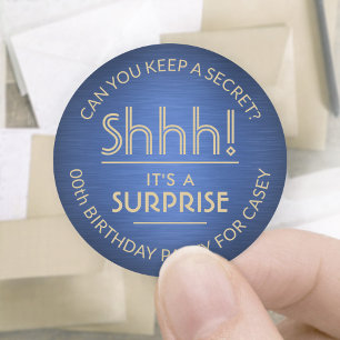 Surprise Birthday Party Shhh! Brushed Blue & Gold Classic Round Sticker