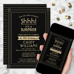 Surprise Birthday Party Shhh! Elegant Black & Gold Invitation