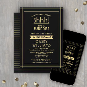 Surprise Birthday Party Shhh! Elegant Black & Gold Invitation