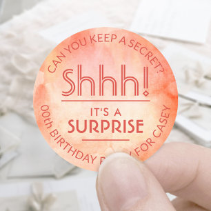 Surprise Birthday Party Shhh! Orange Watercolor Classic Round Sticker