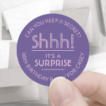 Surprise Birthday Party Shhh! Pink and Purple Classic Round Sticker<br><div class="desc">Add an elegant personalized touch to surprise birthday party invitations, decorations, and favours with stylish purple and lavender pink stickers / envelope seals. All text on these labels is simple to customize for any year birthday or for another occasion, such as a wedding anniversary, retirement, or going away party. Personalize...</div>