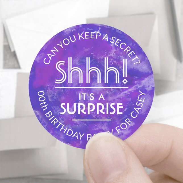 Surprise Birthday Party Shhh! Purple Watercolor Classic Round Sticker (Creator Uploaded)