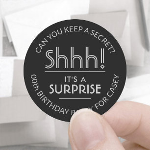 Surprise Birthday Party Shhh! Stylish Black & Grey Classic Round Sticker