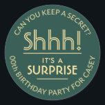 Surprise Birthday Party Shhh! Stylish Green & Gold Classic Round Sticker<br><div class="desc">Add an elegant personalized touch to surprise birthday party invitations, decorations, and favours with custom stylish green and gold stickers / envelope seals. All text on these labels is simple to customize for any year birthday or for another occasion, such as a wedding anniversary, retirement, or going away party. Personalize...</div>