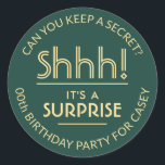 Surprise Birthday Party Shhh! Stylish Green & Gold Classic Round Sticker<br><div class="desc">Add an elegant personalized touch to surprise birthday party invitations, decorations, and favours with custom stylish green and gold stickers / envelope seals. All text on these labels is simple to customize for any year birthday or for another occasion, such as a wedding anniversary, retirement, or going away party. Personalize...</div>