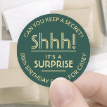 Surprise Birthday Party Shhh! Stylish Green & Gold Classic Round Sticker<br><div class="desc">Add an elegant personalized touch to surprise birthday party invitations, decorations, and favours with custom stylish green and gold stickers / envelope seals. All text on these labels is simple to customize for any year birthday or for another occasion, such as a wedding anniversary, retirement, or going away party. Personalize...</div>