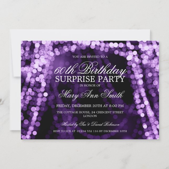 Surprise Birthday Party String Lights Purple Invitation (Front)
