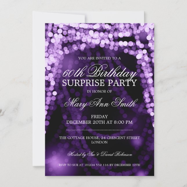 Surprise Birthday Party String Lights Purple Invitation (Front)