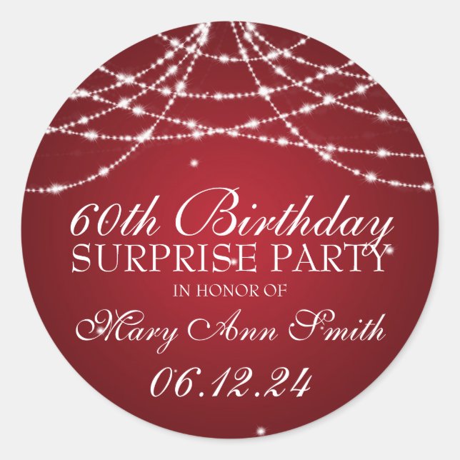 Surprise Birthday Party String of Stars Red Classic Round Sticker (Front)