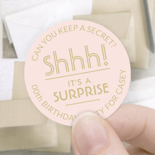 Surprise Birthday Party Stylish Blush Pink & Gold Classic Round Sticker