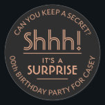 Surprise Birthday Party Stylish Copper and Black Classic Round Sticker<br><div class="desc">Add an elegant personalized touch to surprise birthday party invitations, decorations, and favours with custom stylish black and copper colour stickers / envelope seals. All text on these labels is simple to customize for any year birthday or for another occasion, such as a wedding anniversary, retirement, or going away party....</div>