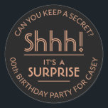 Surprise Birthday Party Stylish Copper and Black Classic Round Sticker<br><div class="desc">Add an elegant personalized touch to surprise birthday party invitations, decorations, and favours with custom stylish black and copper colour stickers / envelope seals. All text on these labels is simple to customize for any year birthday or for another occasion, such as a wedding anniversary, retirement, or going away party....</div>