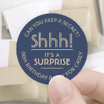 Surprise Birthday Party Stylish Navy Blue and Gold Classic Round Sticker<br><div class="desc">Add an elegant personalized touch to surprise birthday party invitations, decorations, and favours with stylish custom navy blue and gold stickers / envelope seals. All text on these labels is simple to customize for any year birthday or for another occasion, such as a wedding anniversary, retirement, or going away party....</div>