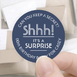 Surprise Birthday Party Stylish Navy Blue & White Classic Round Sticker<br><div class="desc">Add an elegant personalized touch to surprise birthday party invitations, decorations, and favours with stylish custom navy blue and white stickers / envelope seals. All text on these labels is simple to customize for any year birthday or for another occasion, such as a wedding anniversary, retirement, or going away party....</div>