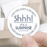 Surprise Birthday Party Stylish White & Navy Blue Classic Round Sticker<br><div class="desc">Add an elegant personalized touch to surprise birthday party invitations, decorations, and favours with stylish custom navy blue and white stickers / envelope seals. All text on these labels is simple to customize for any year birthday or for another occasion, such as a wedding anniversary, retirement, or going away party....</div>