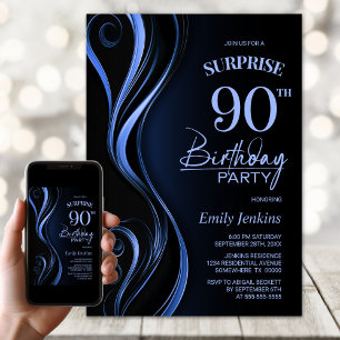 Surprise Black and Blue 90th Birthday Party Invitation