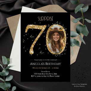 Surprise black and Gold Glitter 70th Birthday Invitation