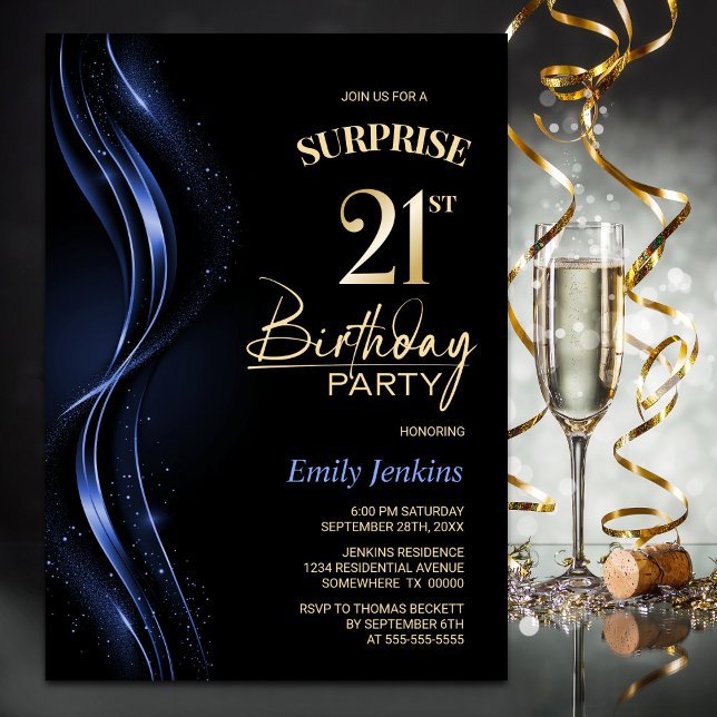 Surprise Black Blue 21st Birthday Party Invitation (Creator Uploaded)