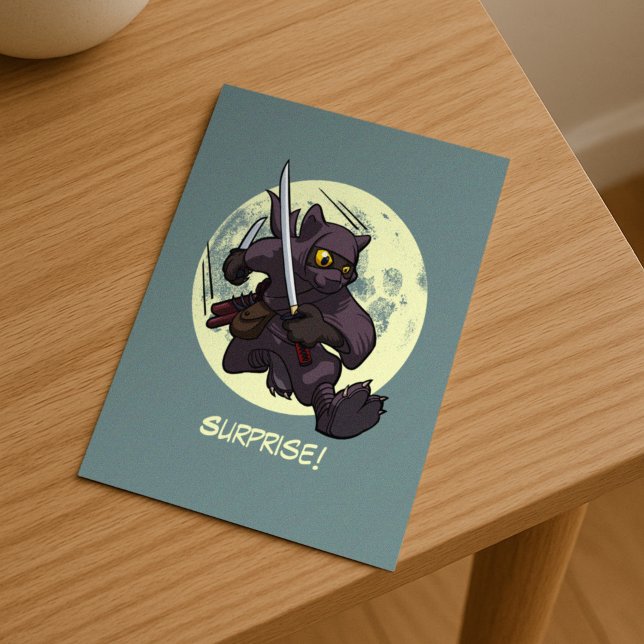 Surprise! Black Cat Ninja Flying Kick Cartoon Postcard (Creator Uploaded)