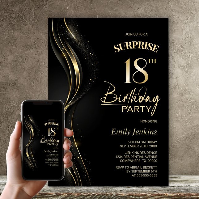 Surprise Black Gold 18th Birthday Party Invitation (Creator Uploaded)