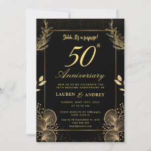 Surprise Black & Gold 50th Wedding Anniversary Invitation