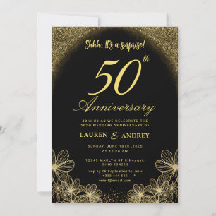 Surprise Black & Gold 50th Wedding Anniversary Invitation