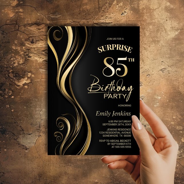 Surprise Black Gold 85th Birthday Party Invitation (Creator Uploaded)