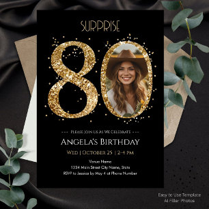 Surprise black Gold Glitter 80th Birthday Photo Invitation