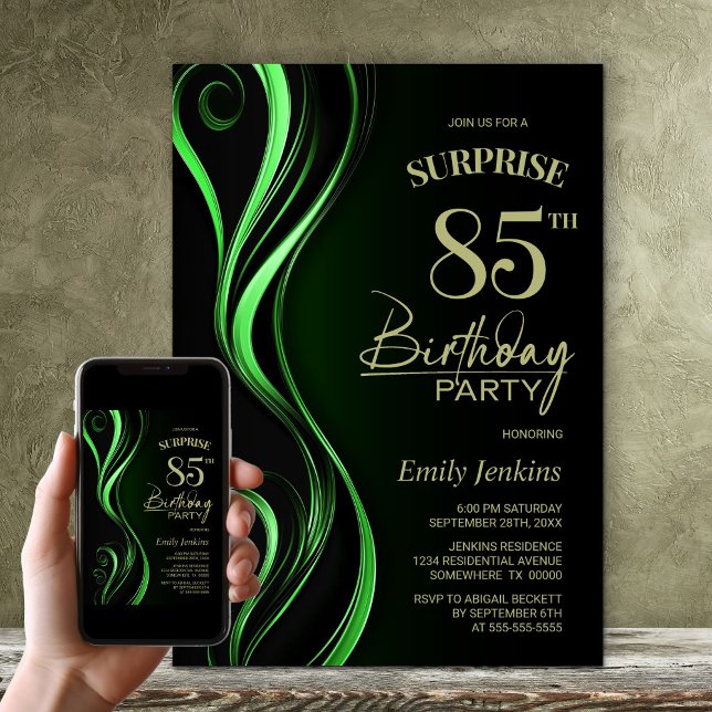 Surprise Black Green 85th Birthday Party Invitation (Creator Uploaded)