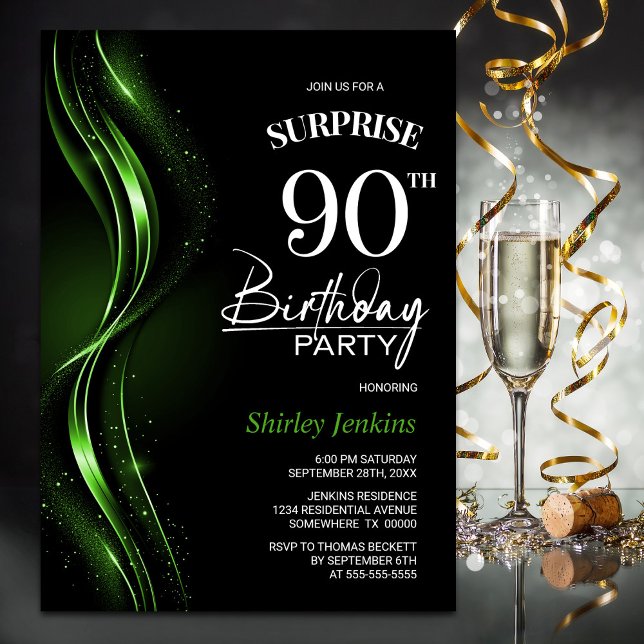 Surprise Black Green 90th Birthday Party Invitation (Creator Uploaded)