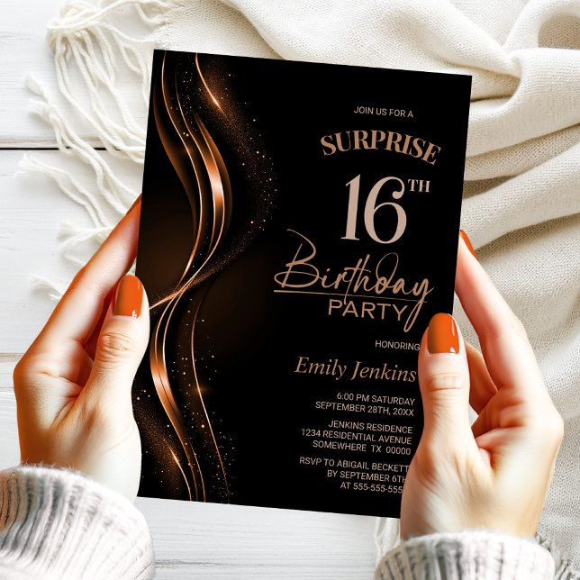 Surprise Black Orange 16th Birthday Party Invitation (Creator Uploaded)