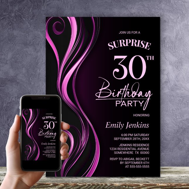 Surprise Black Pink 30th Birthday Party Invitation (Creator Uploaded)