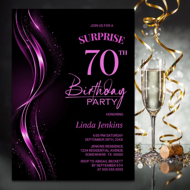 Surprise Black Pink 70th Birthday Party Invitation (Creator Uploaded)