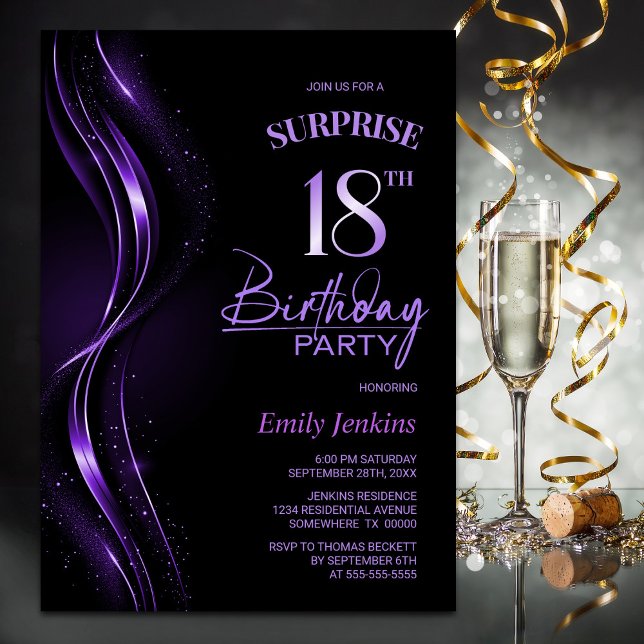 Surprise Black Purple 18th Birthday Party Invitation (Creator Uploaded)