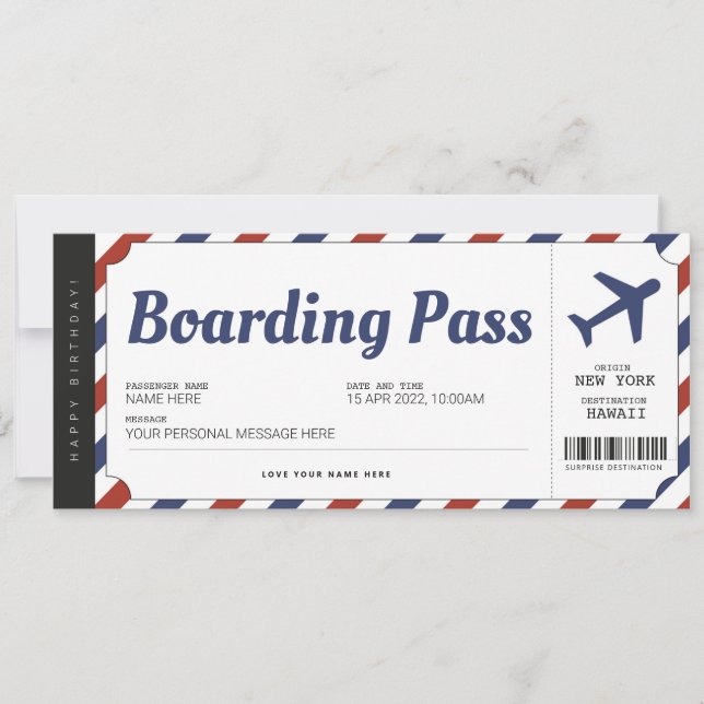 Surprise Boarding Pass Airplane Gift Ticket Invitation (Front)