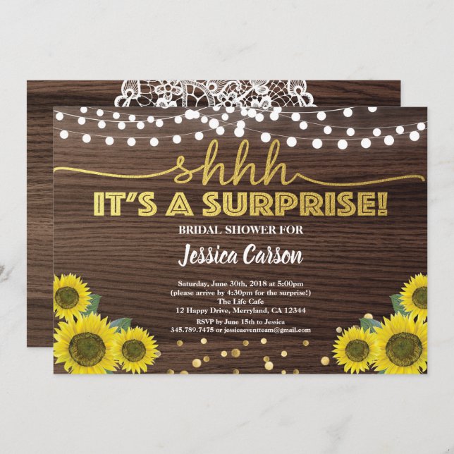Surprise bridal shower rustic gold sunflower invitation (Front/Back)