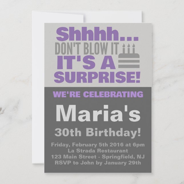 Surprise Cake Party Purple Birthday Invitation (Front)
