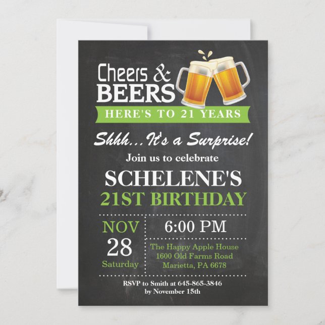 Surprise Cheers and Beers 21st Birthday Invitation (Front)