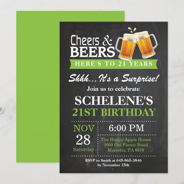 Surprise Cheers and Beers 21st Birthday Invitation (Front/Back)