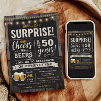 Surprise Cheers and Beers 50th Birthday Invitation