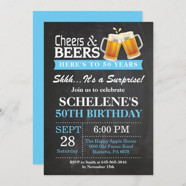Surprise Cheers and Beers 50th Birthday Invitation (Front/Back)