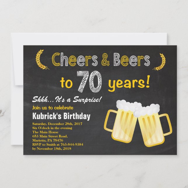 Surprise Cheers and Beers 70th Birthday Invitation (Front)