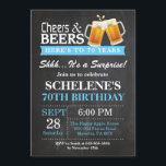 Surprise Cheers and Beers 70th Birthday Invitation<br><div class="desc">Surprise Cheers and Beers 70th Birthday Invitation Card. Adult Birthday. Blue. 16th 18th 21st 30th 40th 50th 60th 70th 80th 90th 100th. Any Age. For further customization,  please click the "Customize it" button and use our design tool to modify this template.</div>