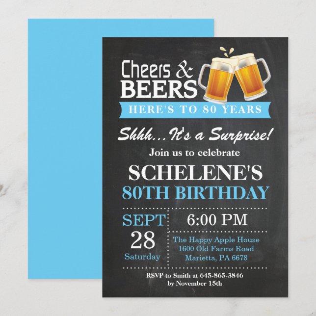 Surprise Cheers and Beers 80th Birthday Invitation (Front/Back)