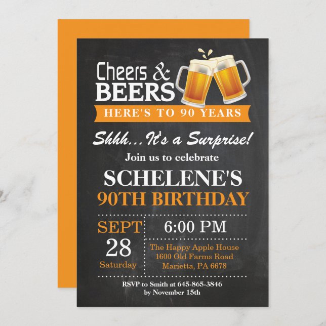 Surprise Cheers and Beers 90th Birthday Invitation (Front/Back)