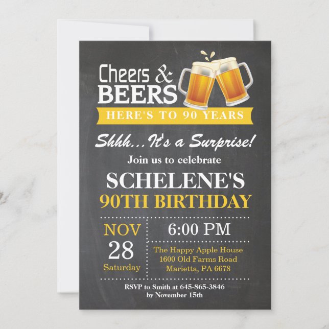 Surprise Cheers and Beers 90th Birthday Invitation (Front)