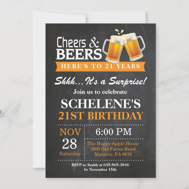 Surprise Cheers and Beers Invitation 21e anniversa (Devant)
